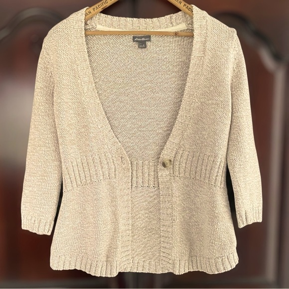 Eddie Bauer 100% cotton 3/4 sleeve oatmeal one button front cardigan size small - Picture 3 of 12